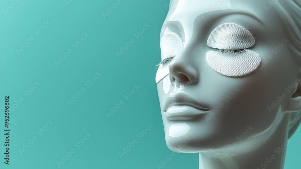 A tranquil scene features a woman with closed eyes, adorned with eye masks, creating a serene atmosphere against a calming turquoise backdrop A tranquil scene features a woman with closed eyes, adorned with eye masks, creating a serene atmosphere against a calming turquoise backdrop