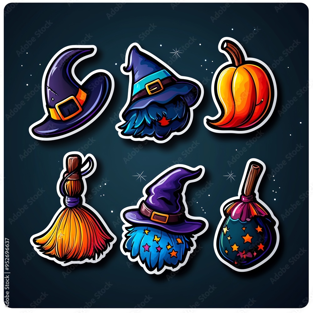 Colorful witch-themed stickers featuring hats, brooms, and a pumpkin, perfect for Halloween decorations and crafts. Colorful witch-themed stickers featuring hats, brooms, and a pumpkin, perfect for Halloween decorations and crafts.