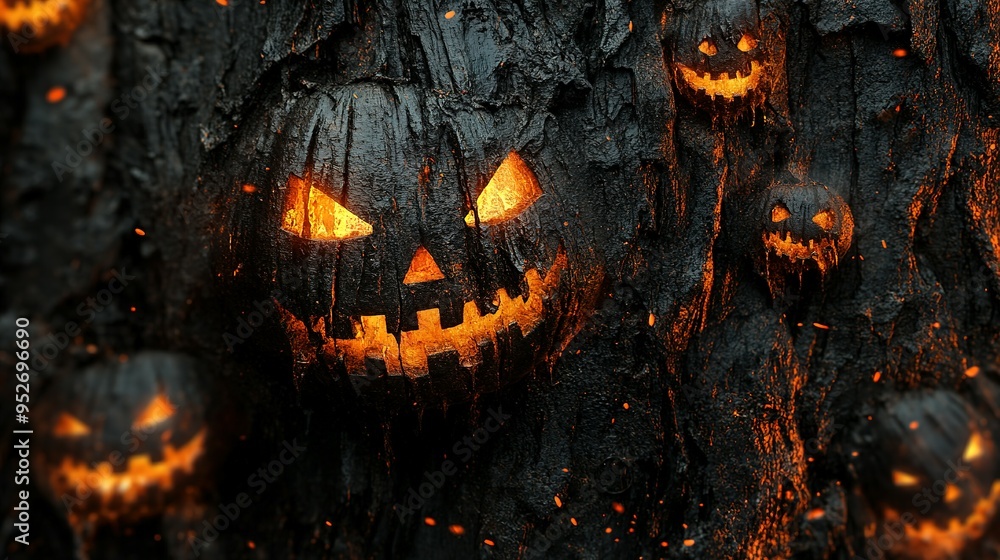 Burning Jack-o'-Lantern Faces Embedded in a Charcoal Tree Burning Jack-o'-Lantern Faces Embedded in a Charcoal Tree