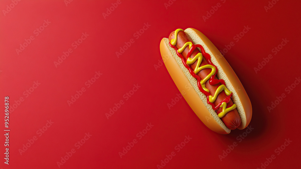 A classic hot dog with ketchup and mustard on a red background. A classic hot dog with ketchup and mustard on a red background.