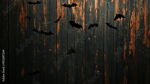 Black Bats Flying Against Weathered Wooden Wall photo