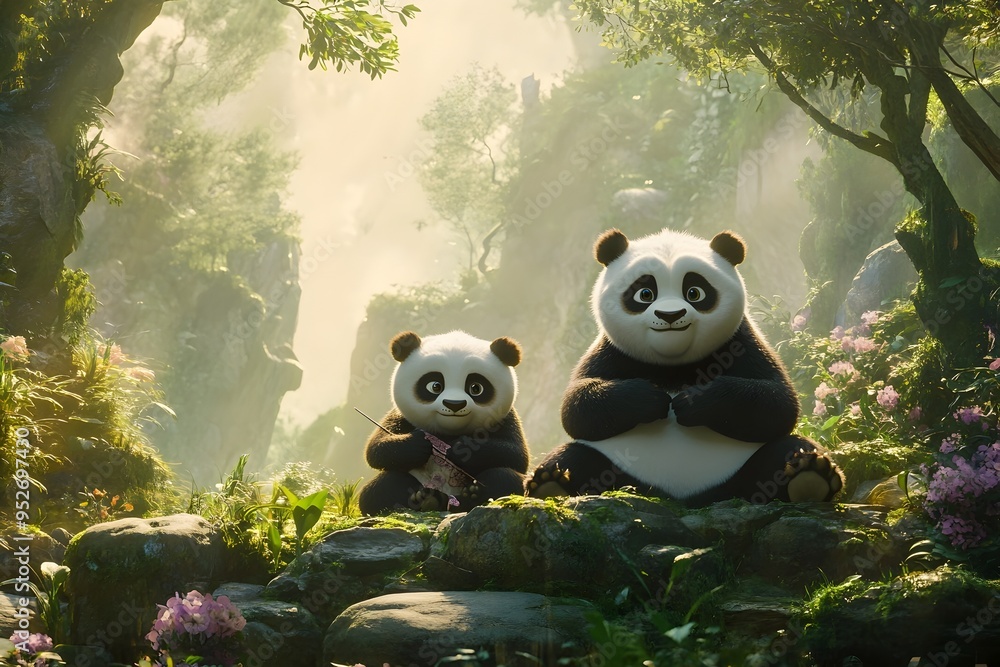 Adorable Pandas Practicing Tai Chi in a Serene Chinese Garden with Film Texture Adorable Pandas Practicing Tai Chi in a Serene Chinese Garden with Film Texture