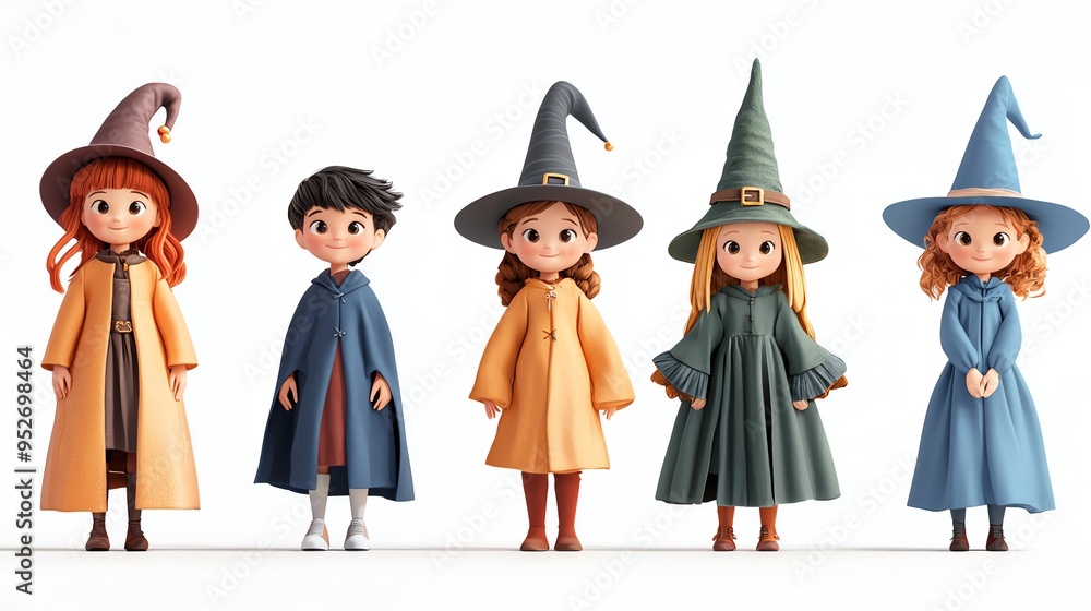 Charming group of whimsical characters in magical hats, perfect for storytelling, illustrations, or creative projects. Charming group of whimsical characters in magical hats, perfect for storytelling, illustrations, or creative projects.