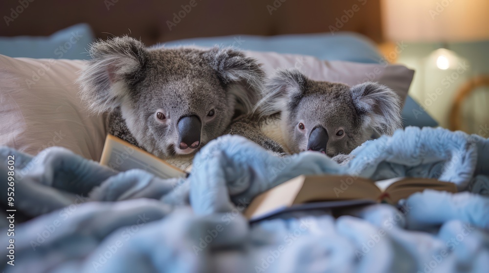 Obraz premium Two cozy koalas lounging on a bed, reading a book together under a soft blanket, creating a warm and adorable scene.
