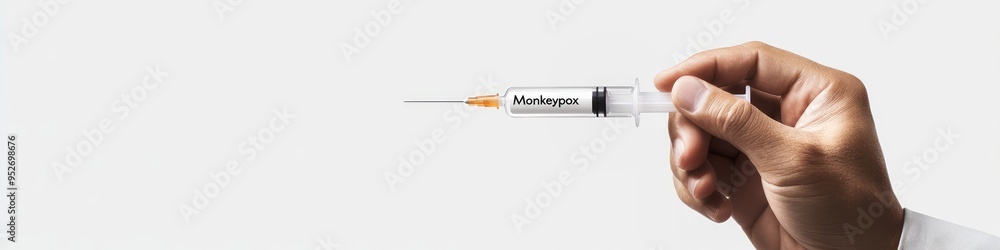 Medical syringe with medicine in hand for monkeypox vaccination concept Medical syringe with medicine in hand for monkeypox vaccination concept