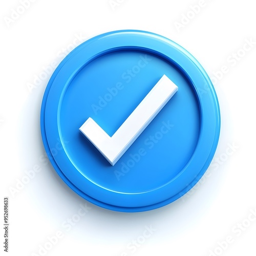 3d check icon, checklist tick, done mark. Vector realistic plastic style checkmark, symbol of selection, confirmation or approval. blue circle with a white, white background