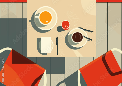 Flat vector outdoor tea table for two with red chairs, Top view.