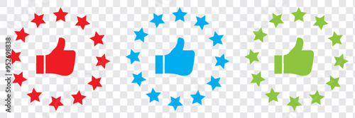 Customer satisfaction icon. Quality review feedback with stars. Rate best service with thumb up hand. Client service review. Rate customer satisfaction, high quality. User feedback stars. Vector