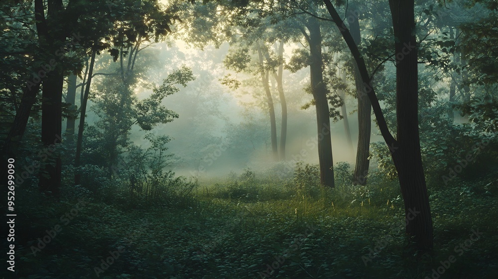 Obraz premium Ethereal Misty Forest Landscape Shrouded in Diffused Natural Lighting