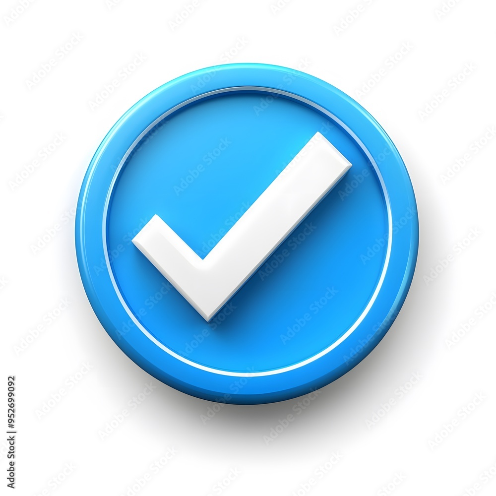 3d check icon, checklist tick, done mark. Vector realistic plastic style checkmark, symbol of selection, confirmation or approval. blue circle with a white, white background 3d check icon, checklist tick, done mark. Vector realistic plastic style checkmark, symbol of selection, confirmation or approval. blue circle with a white, white background