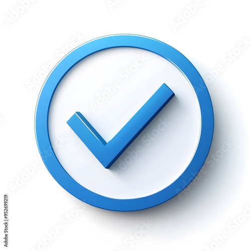 3d check icon, checklist tick, done mark. Vector realistic plastic style checkmark, symbol of selection, confirmation or approval. blue circle with a white, white background