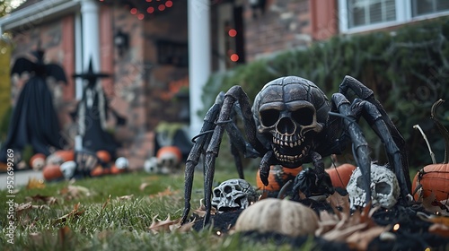 Spooky Halloween front yard display featuring a creepy spider with a skull head, surrounded by other eerie decorations photo