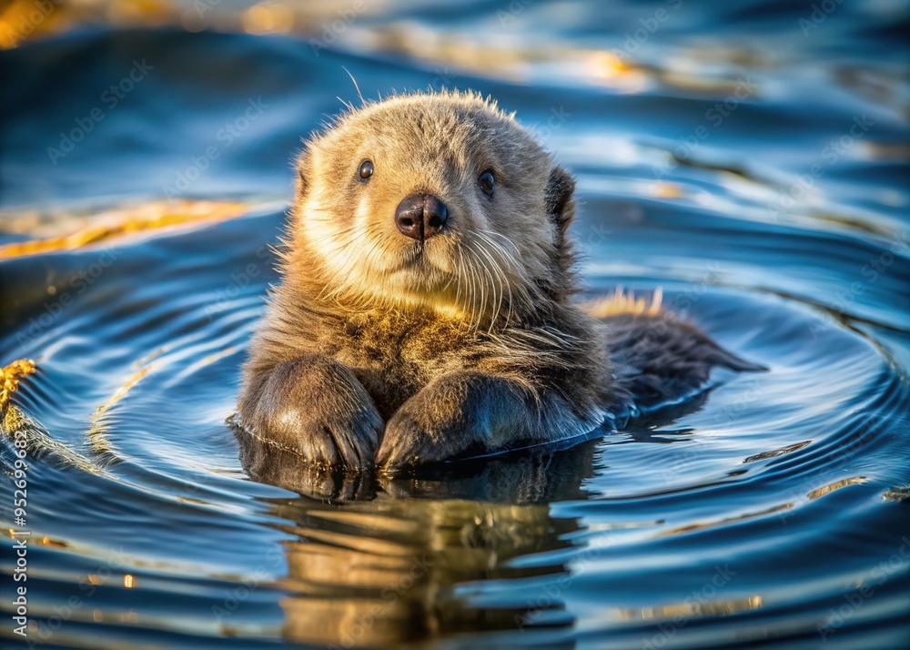 A sea otter glides effortlessly through the calm sea, its fluffy fur and tiny pup nestled comfortably, surrounded by a halo of rippling sunlit water. A sea otter glides effortlessly through the calm sea, its fluffy fur and tiny pup nestled comfortably, surrounded by a halo of rippling sunlit water.