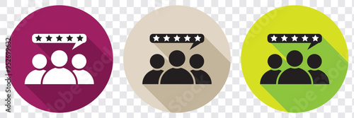 Five star reviews icon. Group of three satisfied customers. Black symbol on transparent background vector illustration.