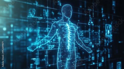 A Digital Human Model Rendered with a Wireframe Structure on a Blue-Tinted Screen