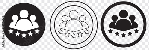 Five star reviews icon. Group of three satisfied customers. Black symbol on transparent background vector illustration.