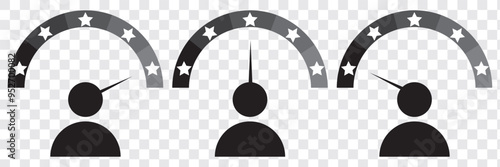 Five star reviews icon. Group of three satisfied customers. Black symbol on transparent background vector illustration.