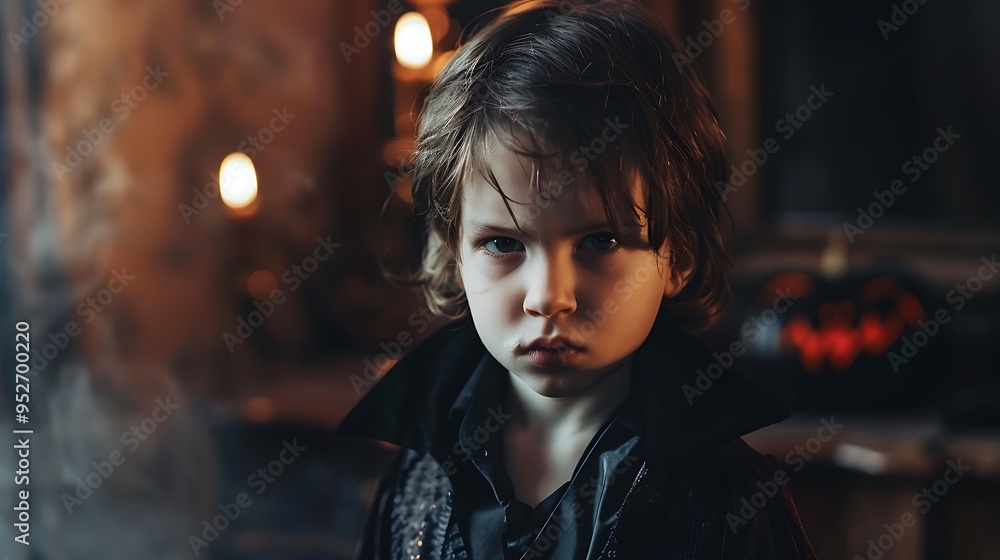 Young boy, around 6 years old, dressed as a vampire for Halloween, posing with a spooky expression in front of the camera Young boy, around 6 years old, dressed as a vampire for Halloween, posing with a spooky expression in front of the camera