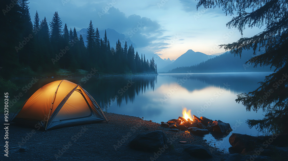 A cozy shot of a tent pitched by a tranquil lakeside at dawn A cozy shot of a tent pitched by a tranquil lakeside at dawn