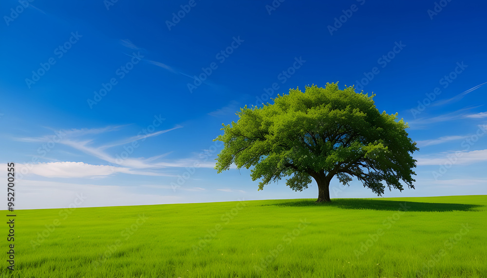 Obraz premium A tree in grass field with blue sky and beautiful nature landscape. Generative AI