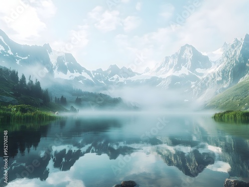 Wallpaper Mural Misty alpine lake with snowcapped peaks in the distance serene and dreamlike landscape Torontodigital.ca