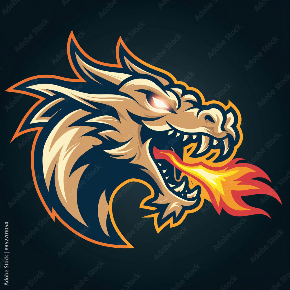 Striking Golden Dragon with Fiery Red and Yellow Features on Dark Background for Gaming and Logo Branding Striking Golden Dragon with Fiery Red and Yellow Features on Dark Background for Gaming and Logo Branding