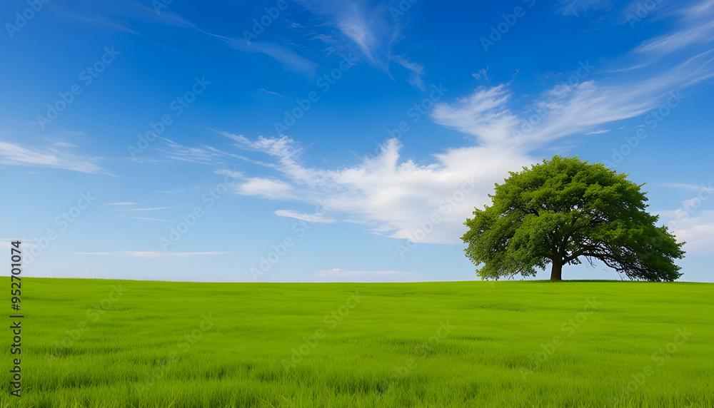 Fototapeta premium A tree in grass field with blue sky and beautiful nature landscape. Generative AI