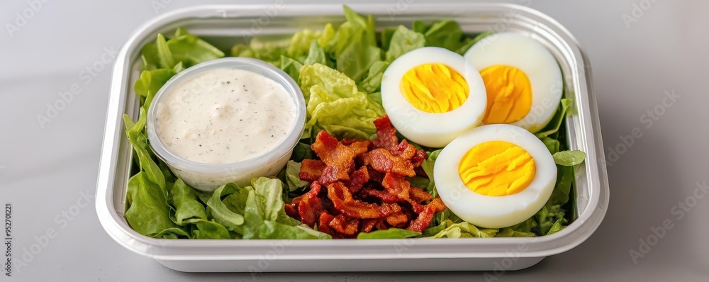A packaged salad with crisp romaine, boiled eggs, bacon bits, and a side of ranch dressing, photorealistic, hyper-resolution, rich and satisfying variety A packaged salad with crisp romaine, boiled eggs, bacon bits, and a side of ranch dressing, photorealistic, hyper-resolution, rich and satisfying variety