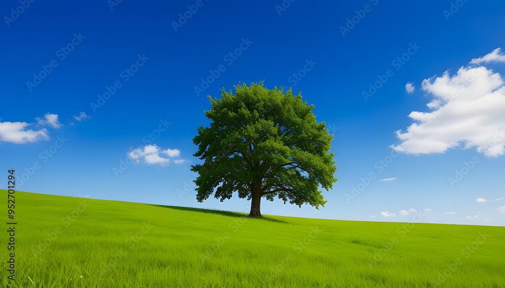 Obraz premium A tree in grass field with blue sky and beautiful nature landscape. Generative AI
