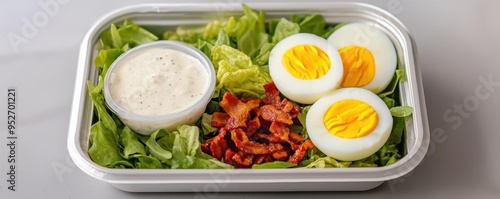 A packaged salad with crisp romaine, boiled eggs, bacon bits, and a side of ranch dressing, photorealistic, hyper-resolution, rich and satisfying variety photo