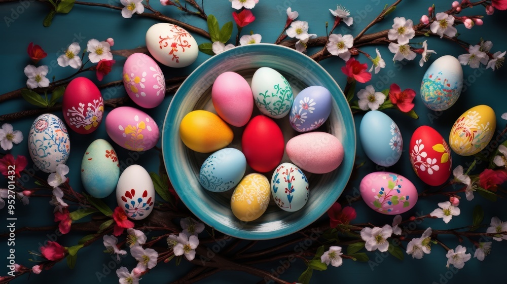 Colorful pastel easter eggs arranged with vibrant spring blossom flowers, celebrating easter holiday tradition in a bright and festive springtime setting, ideal for seasonal decoration, family gatheri Colorful pastel easter eggs arranged with vibrant spring blossom flowers, celebrating easter holiday tradition in a bright and festive springtime setting, ideal for seasonal decoration, family gatheri