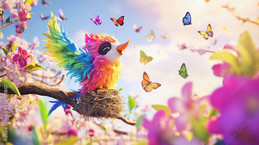 A colorful cartoon bird sits in a nest on a branch of a blossoming tree, surrounded by butterflies. The bird sings with its mouth open and its wings spread wide. The sky is blue with sunshine. A colorful cartoon bird sits in a nest on a branch of a blossoming tree, surrounded by butterflies. The bird sings with its mouth open and its wings spread wide. The sky is blue with sunshine.