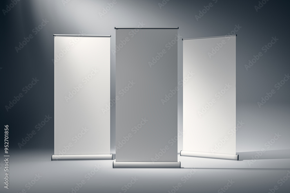 Three blank roll-up banners standing in a studio. 3D Rendering Three blank roll-up banners standing in a studio. 3D Rendering