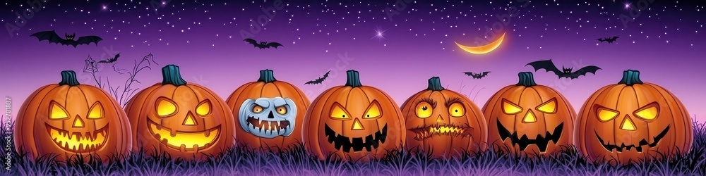 Seven Jack-O'-Lanterns with Various Expressions Against a Night Sky Decorated with Bats and a Crescent Moon, Perfect for Halloween Celebrations Seven Jack-O'-Lanterns with Various Expressions Against a Night Sky Decorated with Bats and a Crescent Moon, Perfect for Halloween Celebrations