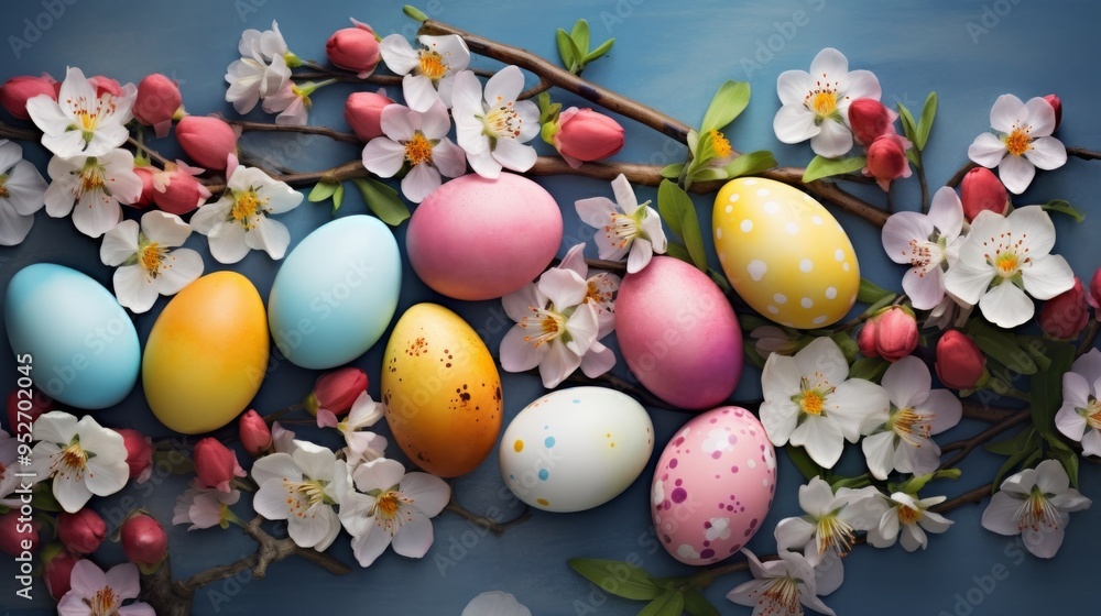 Vibrant colorful easter eggs nestled among fresh spring blossom flowers, celebrating the joy of easter with pastel shades and seasonal floral arrangements, ideal for holiday themes, festive decoration Vibrant colorful easter eggs nestled among fresh spring blossom flowers, celebrating the joy of easter with pastel shades and seasonal floral arrangements, ideal for holiday themes, festive decoration