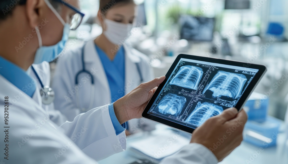 Medical team analyzing chest x-rays on a digital tablet in a hospital Medical team analyzing chest x-rays on a digital tablet in a hospital