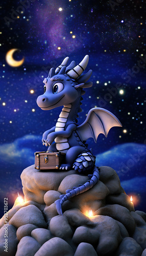 A cute blue dragon sits on a rock with a treasure chest under a starry night sky.