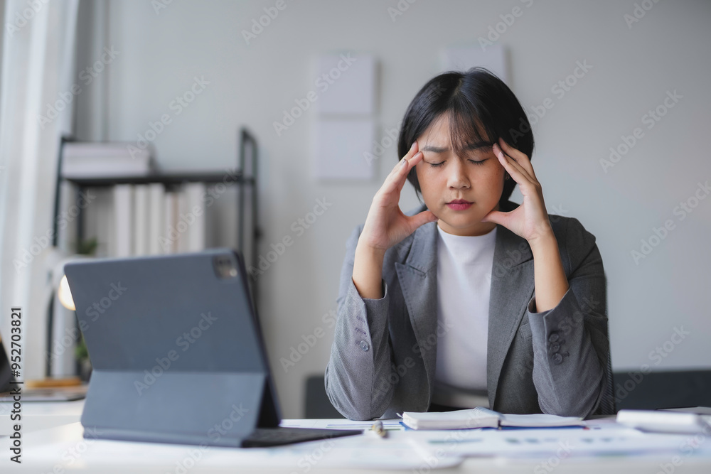 Businesswoman having a headache and feeling tired from working on a tablet at the office Businesswoman having a headache and feeling tired from working on a tablet at the office