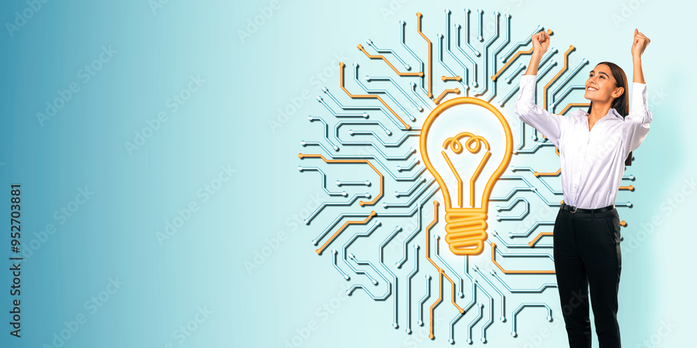 Woman in business attire celebrating with a digital lightbulb and circuit board background concept. Woman in business attire celebrating with a digital lightbulb and circuit board background concept.