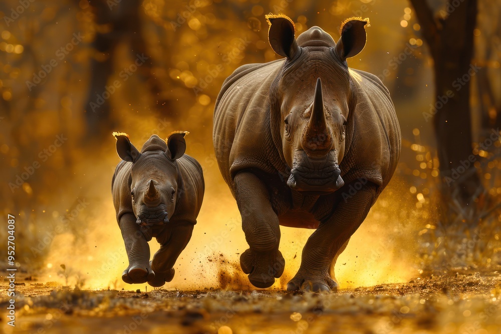 Fototapeta premium Playful Rhino Duo - A baby rhino playfully running alongside its mother through a golden, autumnal forest, capturing the energy and bond of wildlife.