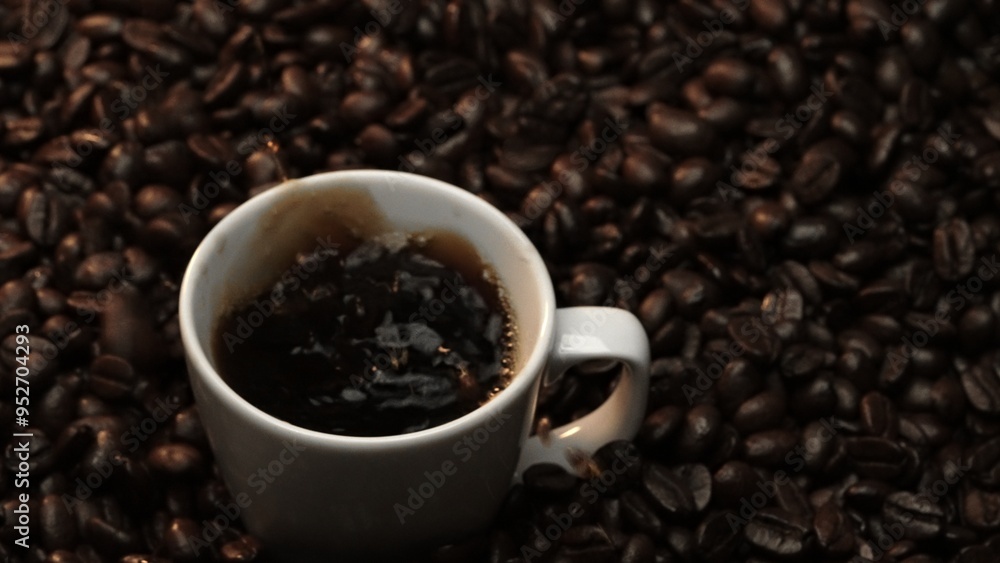 Close up of coffee bean drop in to hot espresso with pile of coffee seed. Macro of freshly roasted bean falling in to cup with aromatic smoke. Slow motion. Organic coffee seed concept. Comestible. Close up of coffee bean drop in to hot espresso with pile of coffee seed. Macro of freshly roasted bean falling in to cup with aromatic smoke. Slow motion. Organic coffee seed concept. Comestible.