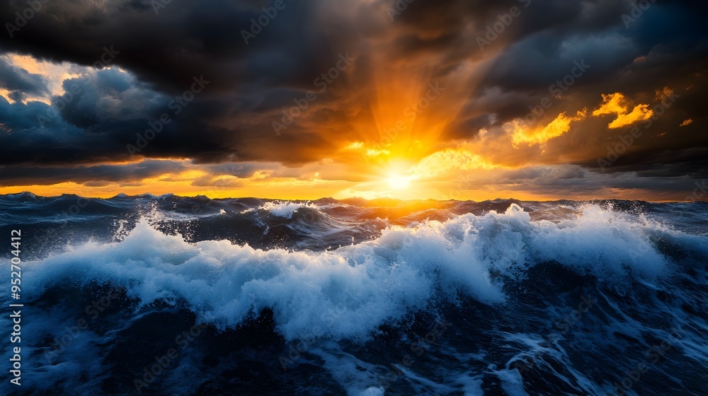 Fototapeta premium Dramatic Stormy Seascape with Sun Rays Breaking Through Dark Storm Clouds Over the Ocean