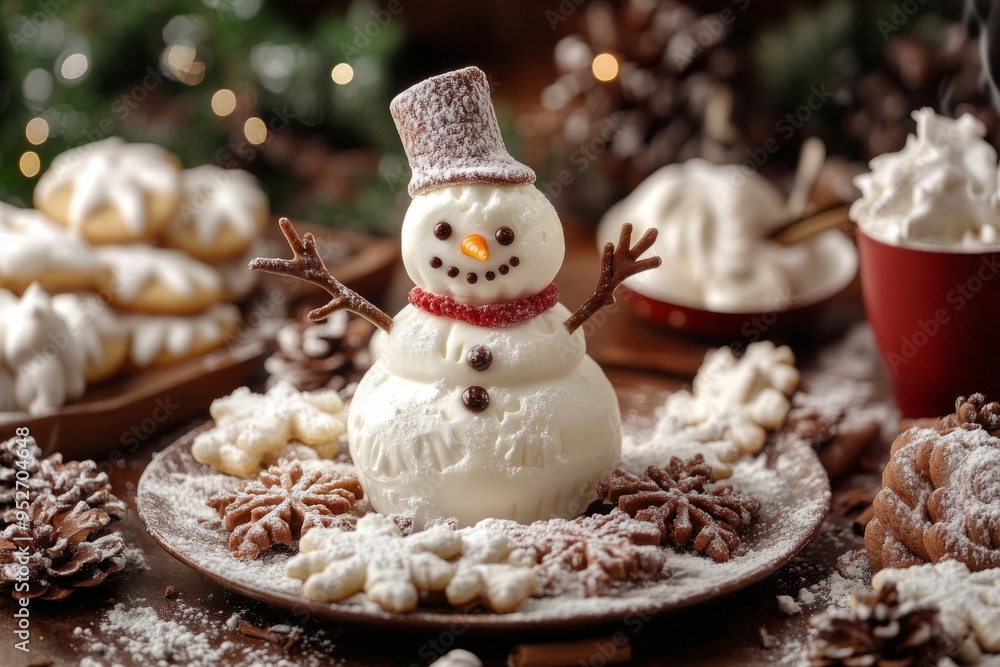 Obraz premium A delightful snowman made of cream stands proudly on a festive plate. Surrounded by treats, this image captures the holiday spirit in a cozy setting. Generative AI