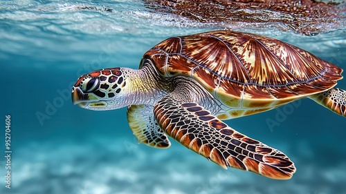 A close-up of a sea turtle s shell, with intricate patterns highlighted by sunlight in shallow waters, photorealistic, hyper-resolution, detailed and natural marine beauty photo