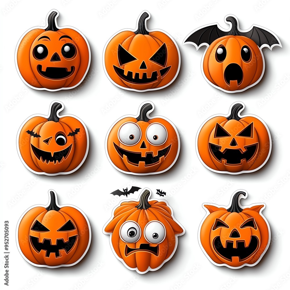 Colorful collection of playful jack-o'-lantern faces perfect for Halloween decorations and festive designs. Colorful collection of playful jack-o'-lantern faces perfect for Halloween decorations and festive designs.