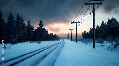 Icy Winter Landscape with Frozen Trees and Power Lines Coated in Glistening Ice photo