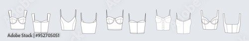 Female crop top, corselet female vector template set isolated on a grey background. Front and back view. Outline fashion technical sketch of clothes model.
