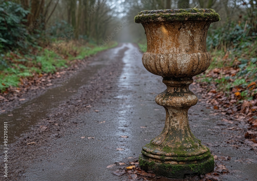 Weathered stone urn on a misty forest path surrounded by fallen leaves, highlighting autumn's beauty and nature's timeless charm Weathered stone urn on a misty forest path surrounded by fallen leaves, highlighting autumn's beauty and nature's timeless charm