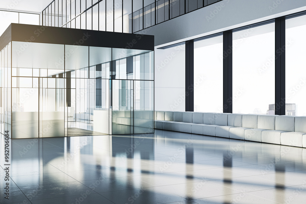 Obraz premium Modern office interior with glass walls, large windows, and minimalistic design. 3D Rendering