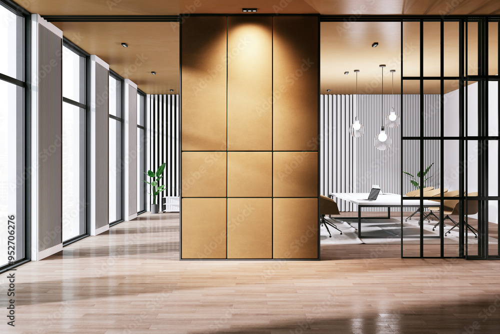 Modern corporate office interior with large windows and a divider wall. 3D Rendering Modern corporate office interior with large windows and a divider wall. 3D Rendering